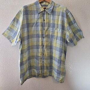 Pusser's West Indies 100% Linen Plaid Button Up Shirt Mens XXL Blue Green Short